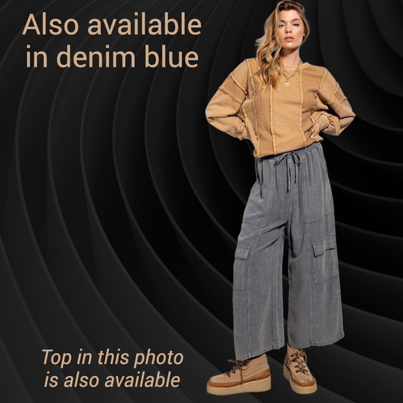 EASEL "Linen Lounge" Cotton Blend Mineral Washed Wide Leg Pants W/ Cargo Pockets - Picture 15 of 15